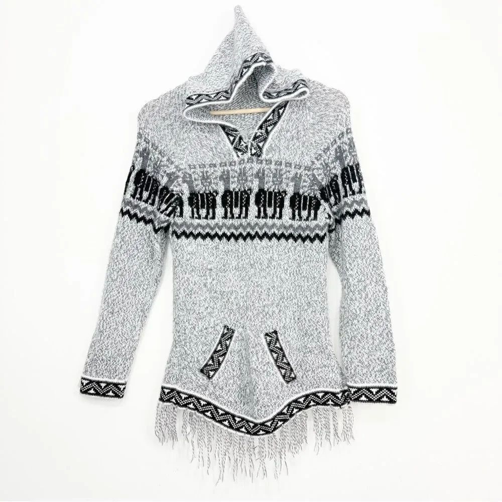 Peruvian Tribal Knit Hooded Pullover Fringed Ethnic Tunic Sweater